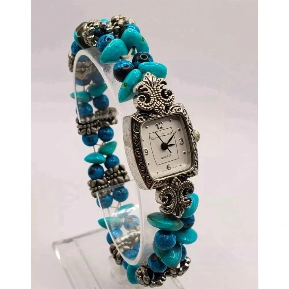 Geneva Genuine Turquoise Beaded Bracelet Watch with Silver Tone Accents O/S